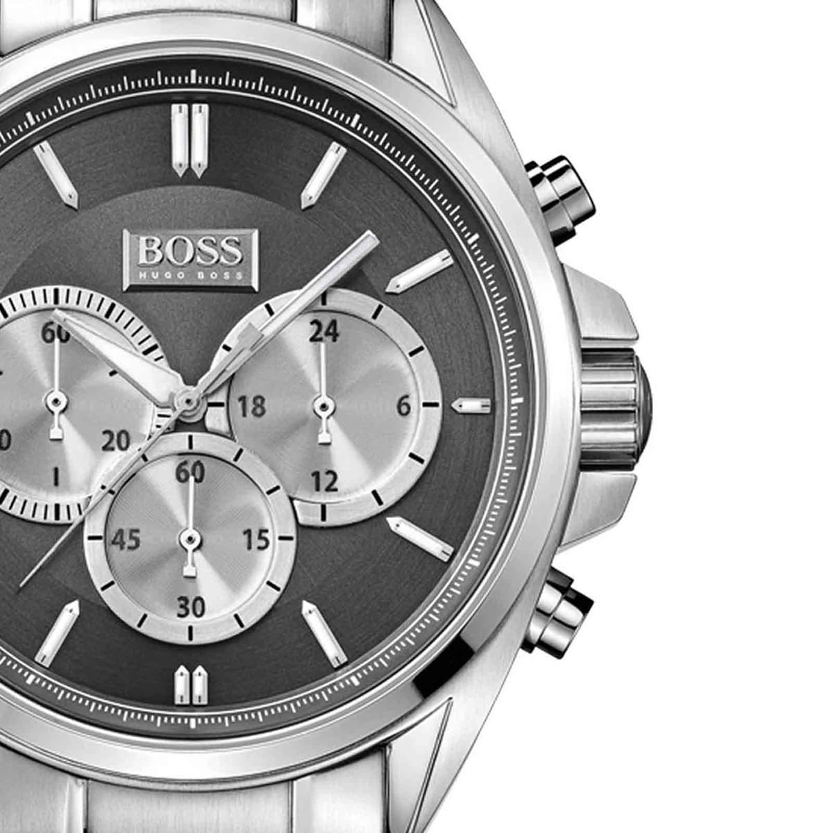 Left side perspective of the Hugo Boss 1512883 black dial and silver bracelet link