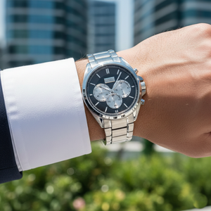 Male model wearing Hugo Boss Driver 1512883 silver watch with a casual polo shirt