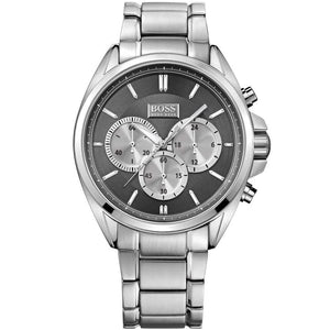 Hugo Boss Driver 1512883 men's chronograph watch with silver stainless steel strap and black reverse panda dial