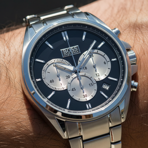 Close up shot of Hugo Boss Driver 1512883 watch on wrist showing the black dial and silver sub-dials
