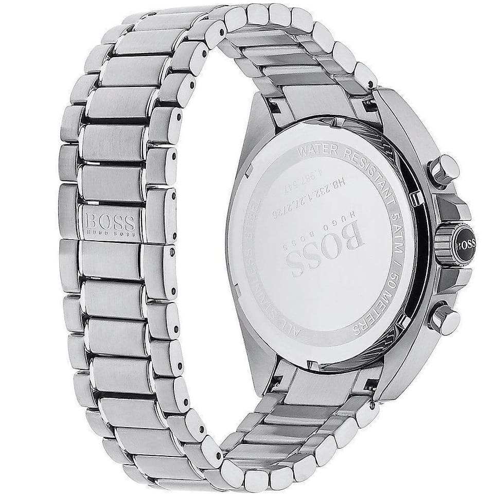 Left side perspective of the Hugo Boss 1513080 black dial and silver bracelet link