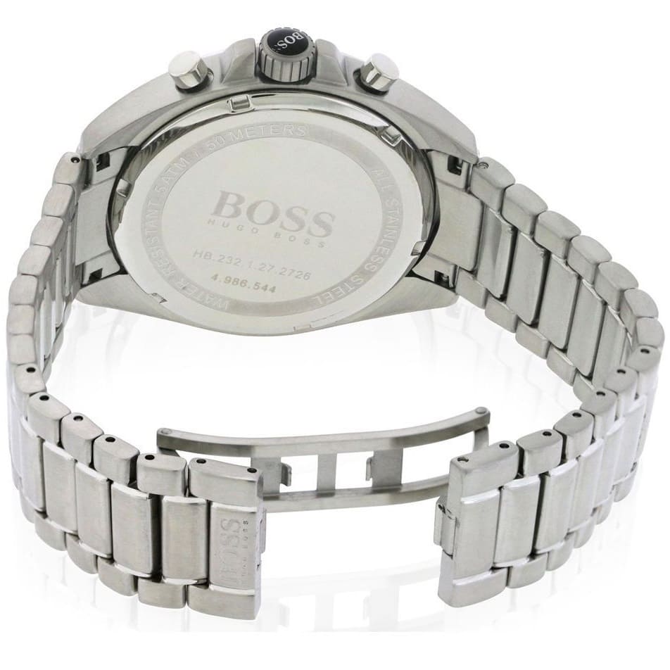 Silver-tone deployment clasp with engraved Boss logo on the bracelet of the 1513080