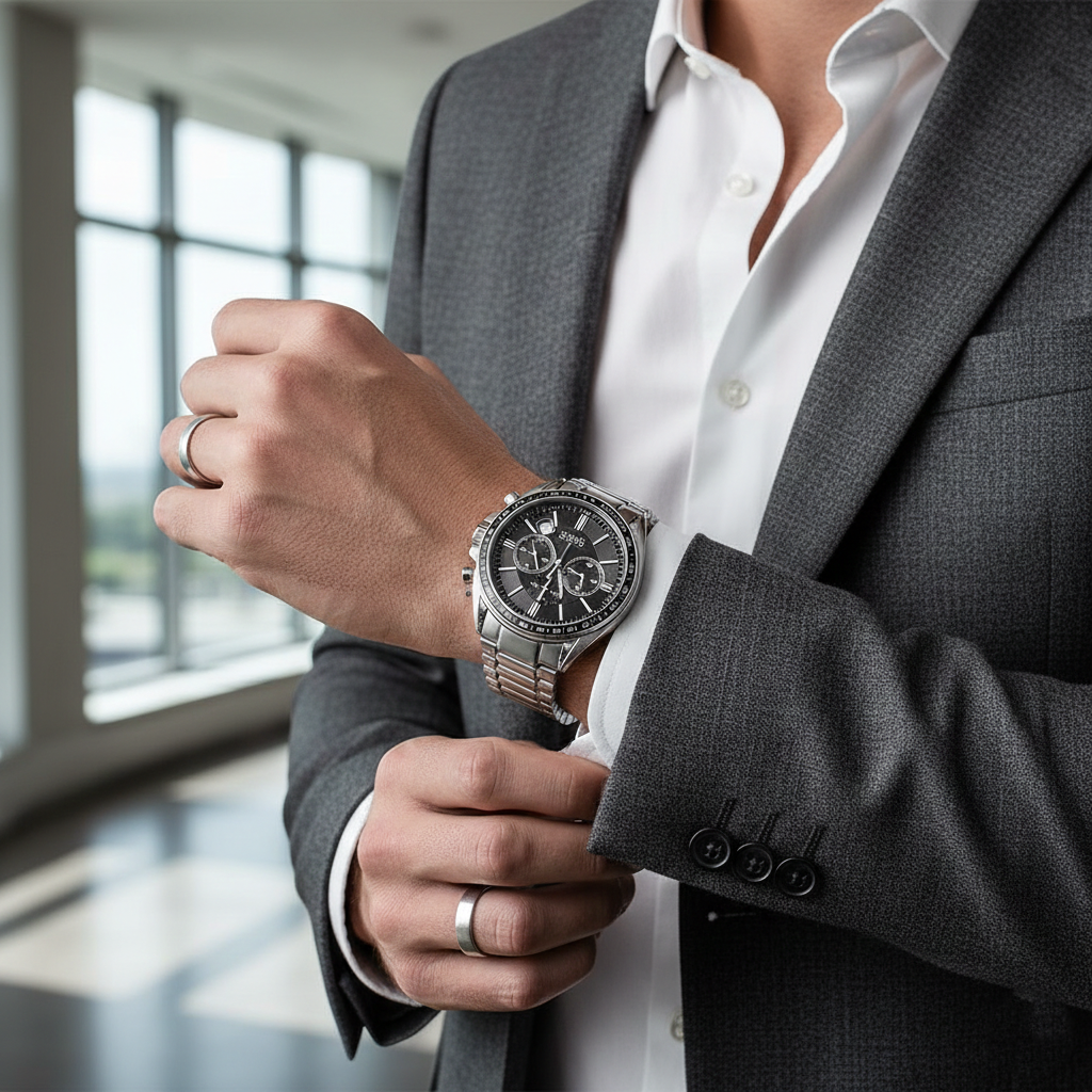 Male model wearing Hugo Boss Driver 1513080 watch with a sporty casual outfit