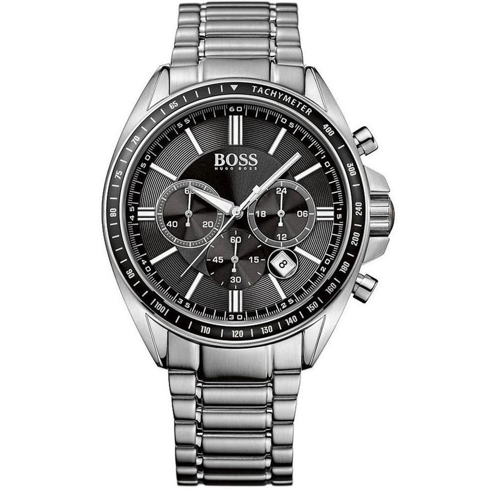 Hugo Boss Driver 1513080 men's chronograph watch with silver stainless steel strap and black racing dial