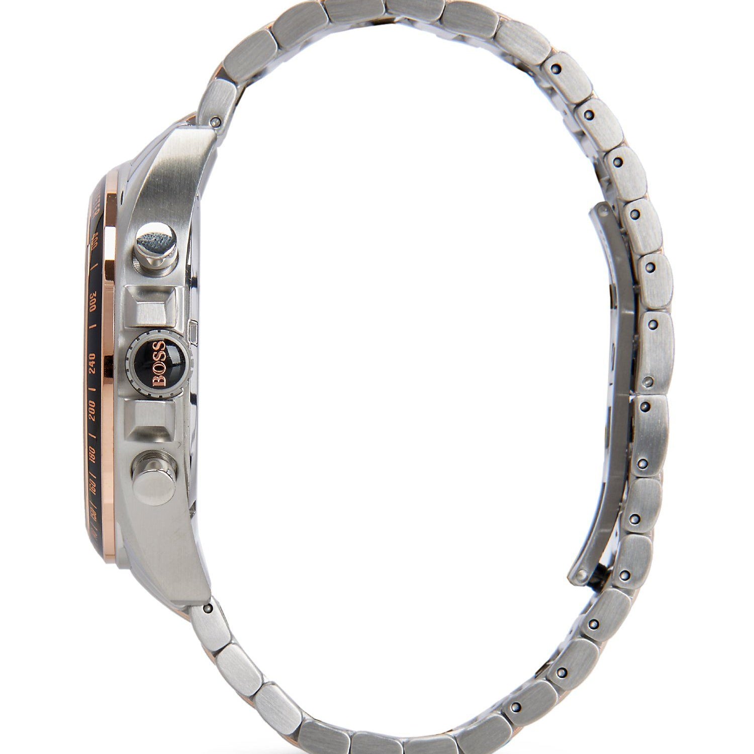 Angled view of the Hugo Boss 1513094 highlighting the rose gold bezel accents and pushers