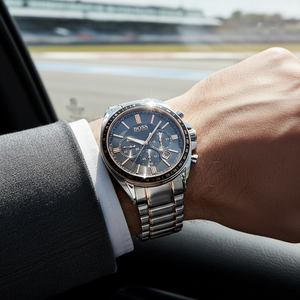 Male model wearing Hugo Boss Driver 1513094 two-tone watch with a smart casual outfit