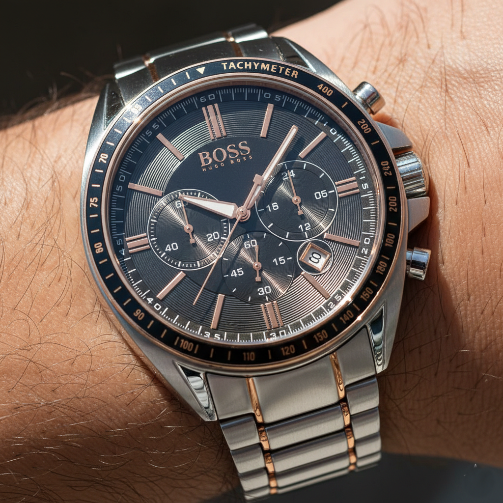 Close up shot of Hugo Boss Driver 1513094 watch on wrist showing the black dial and rose gold hands