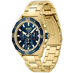 Detailed side view of the gold crown and buttons on the Hugo Boss 1513973