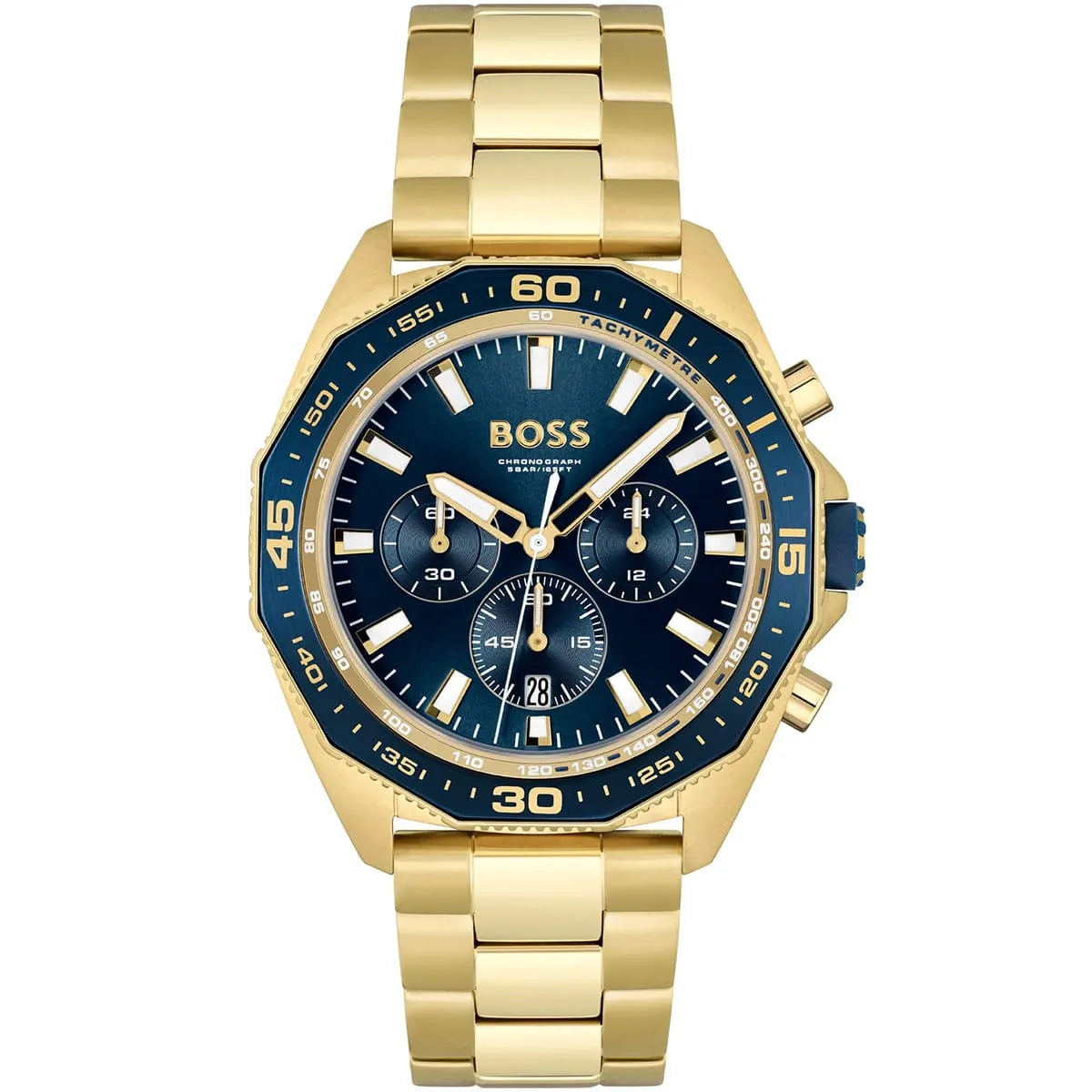 Hugo Boss Energy 1513973 men's chronograph watch with gold-tone stainless steel strap and blue sunray dial