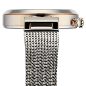 Angled shot highlighting the polished rose gold mesh bracelet of Hugo Boss 1502553