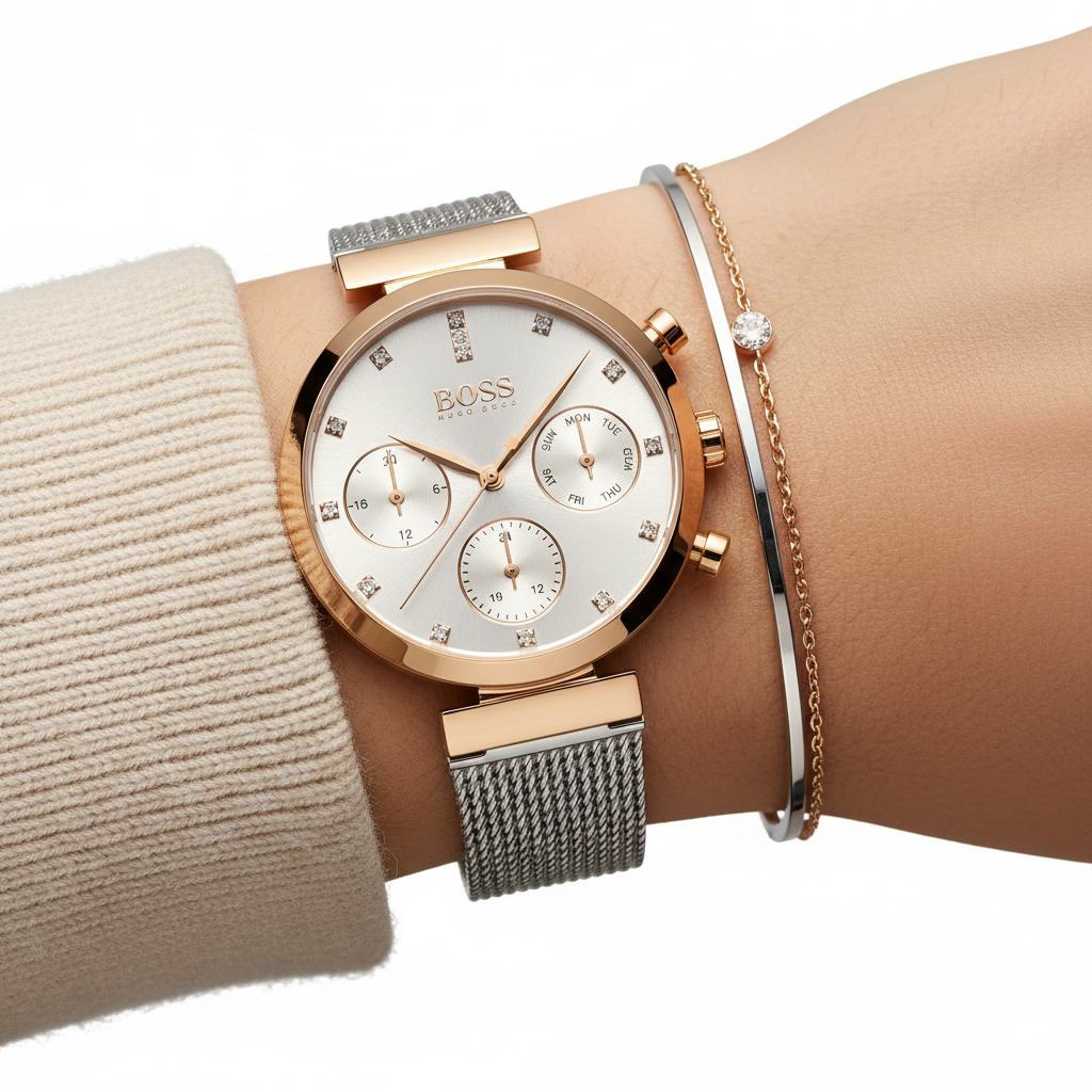 Close up of silver dial and sparkling crystal markers of Hugo Boss 1502553