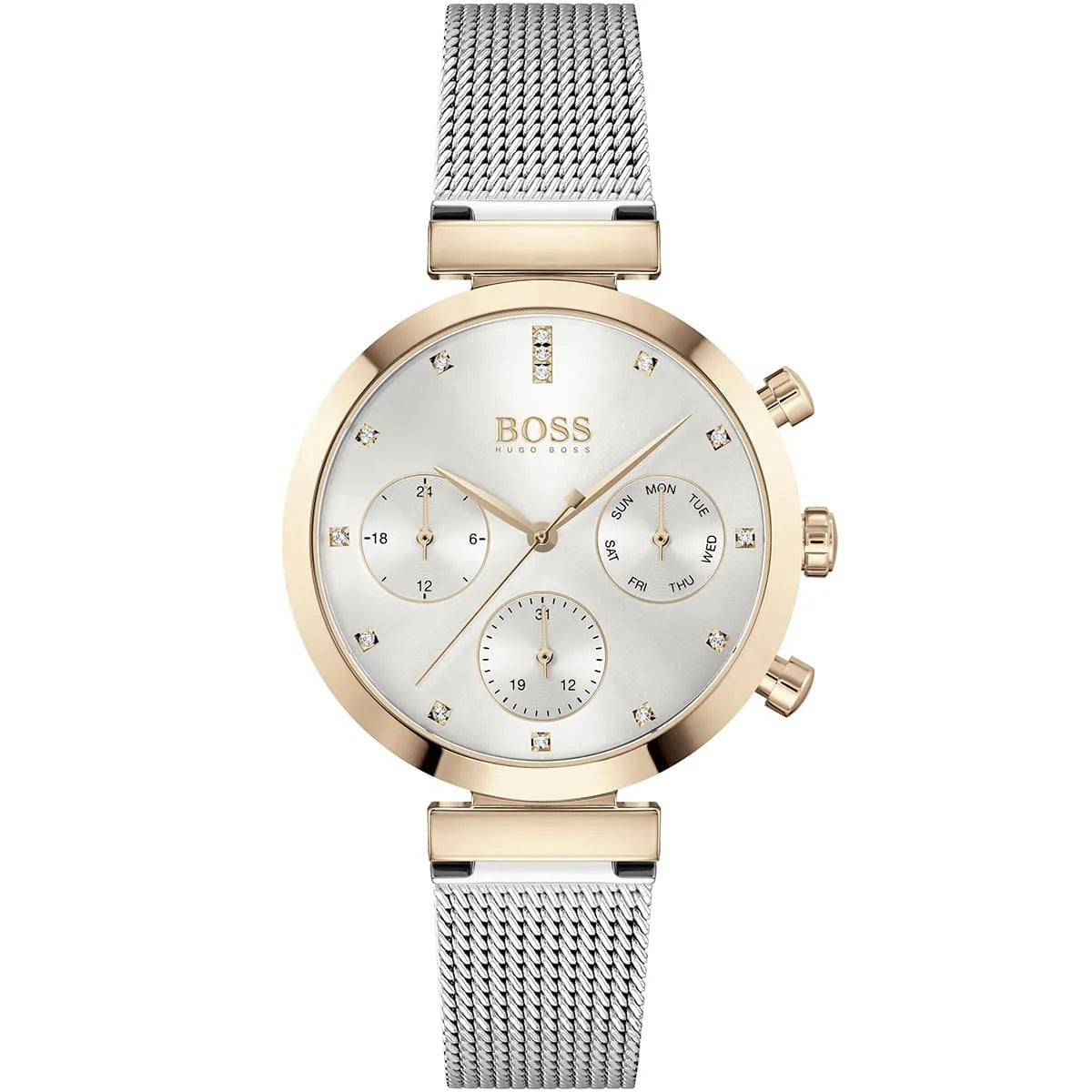 Hugo Boss Flawless 1502553 women's watch rose gold stainless steel mesh bracelet silver dial