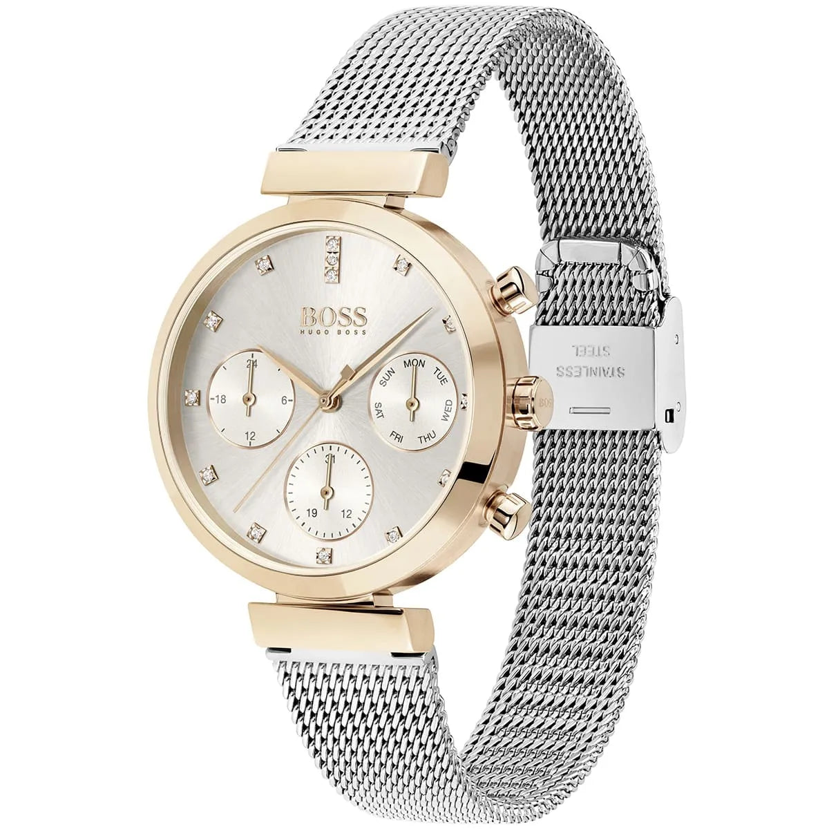 Right side view of Hugo Boss 1502553 showing rose gold stainless steel case