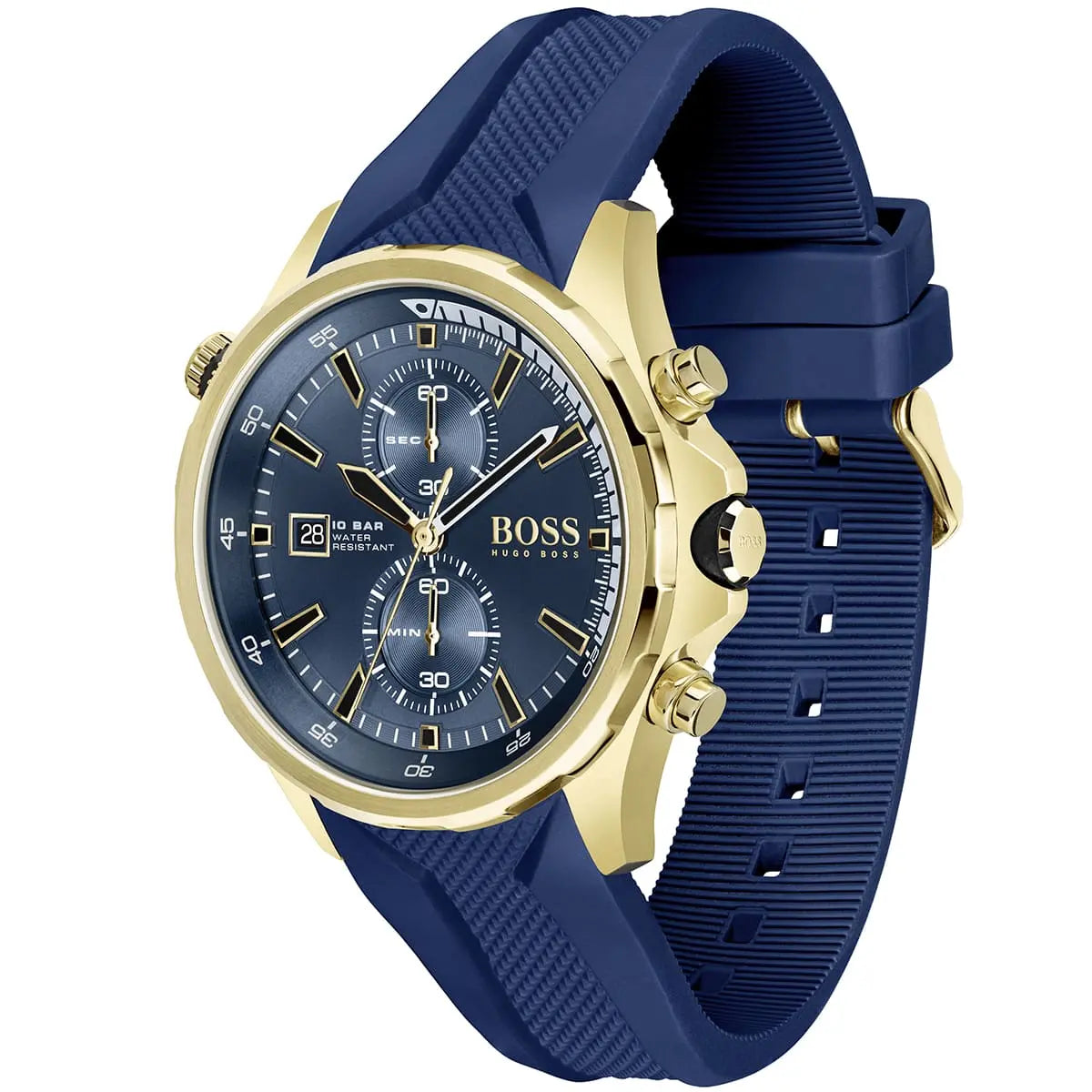 Angled view of the Hugo Boss 1513822 highlighting the gold pushers and blue dial depth