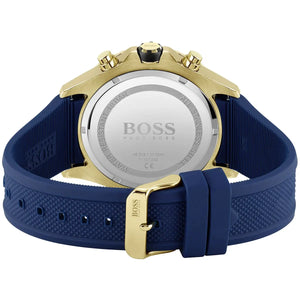 Gold-tone buckle clasp with engraved Boss logo on the blue rubber strap of the 1513822
