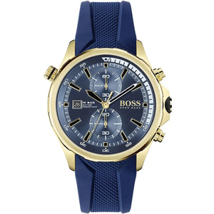 Hugo Boss Globetrotter 1513822 men's chronograph watch with gold-tone case and blue rubber strap