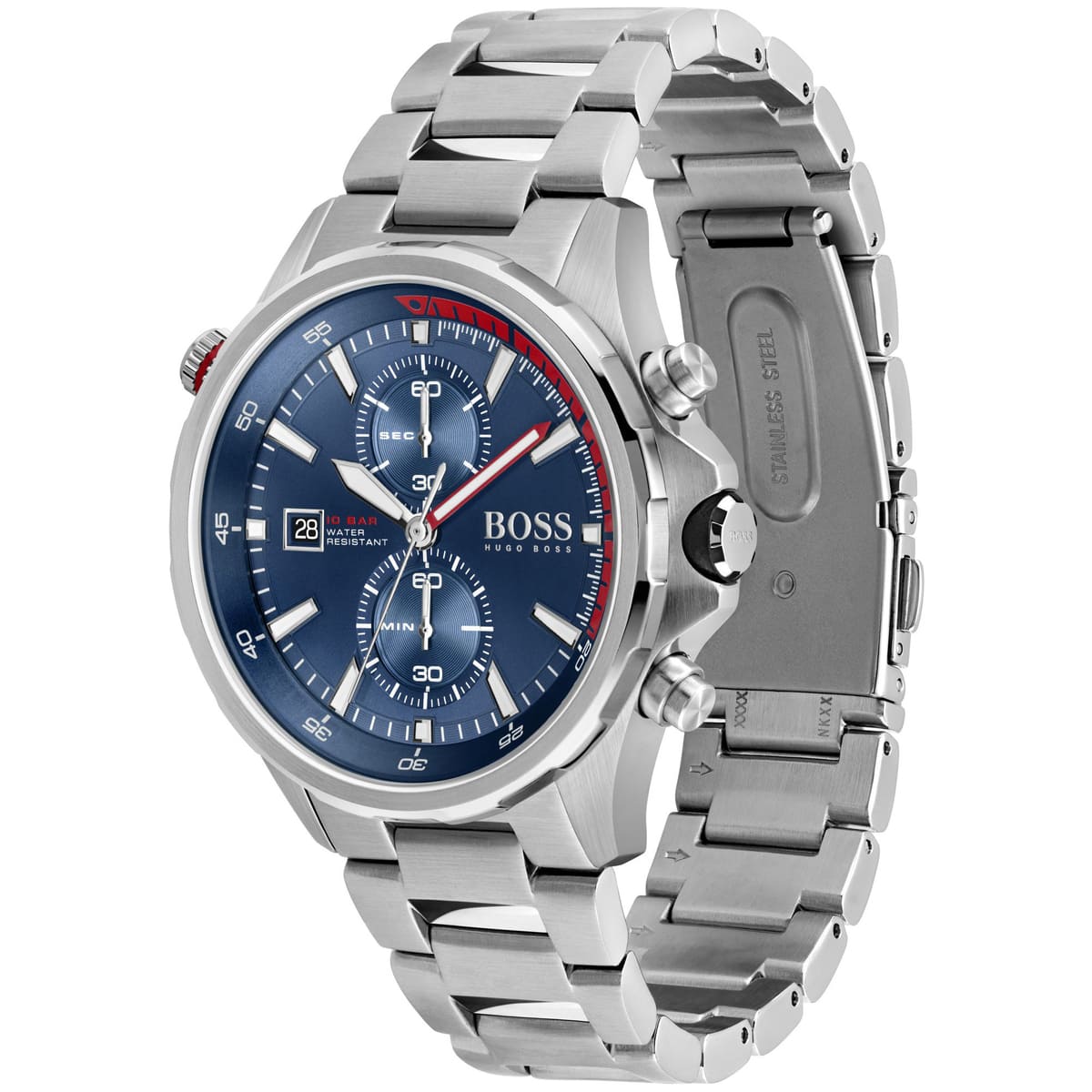 Angled view of the Hugo Boss 1513823 highlighting the tachymeter bezel and pushers