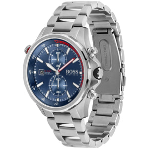 Angled view of the Hugo Boss 1513823 highlighting the tachymeter bezel and pushers