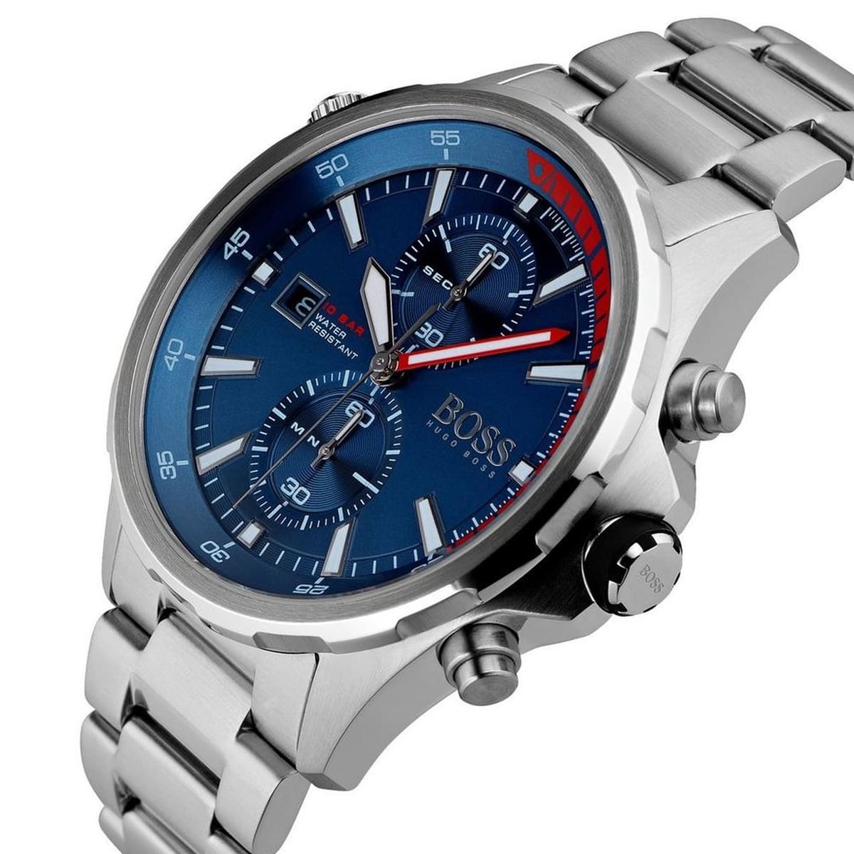 Detailed side view of the silver crown and chronograph buttons on the Hugo Boss 1513823