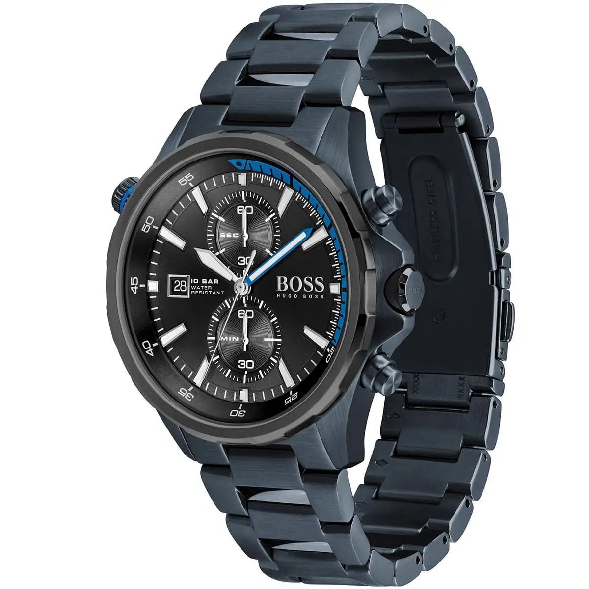 Detailed side view of the blue crown and chronograph buttons on the Hugo Boss 1513824