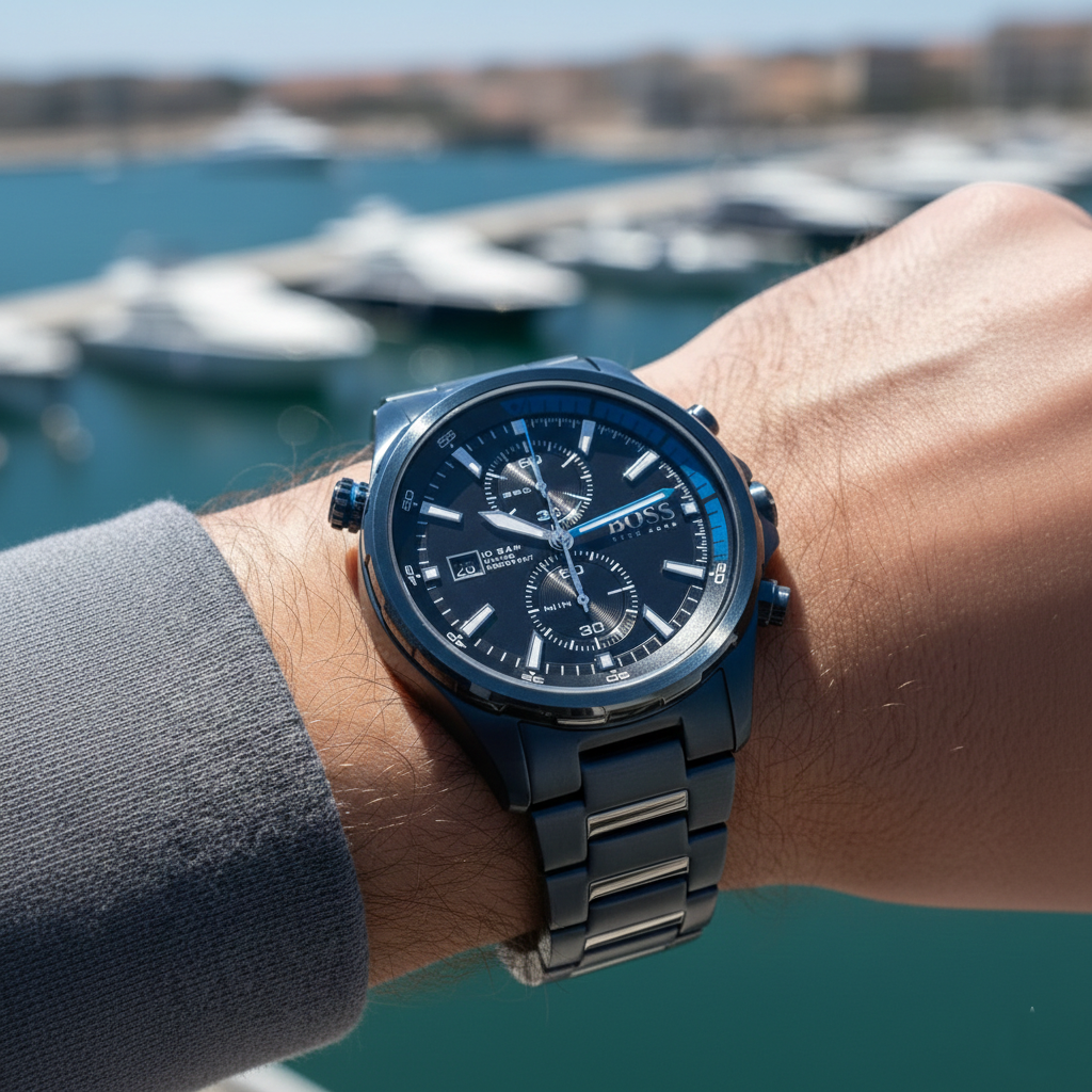 Male model wearing Hugo Boss Globetrotter 1513824 blue watch with a casual outfit