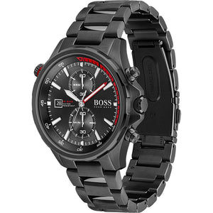 Detailed side view of the black crown with red accent detail on the Hugo Boss 1513825