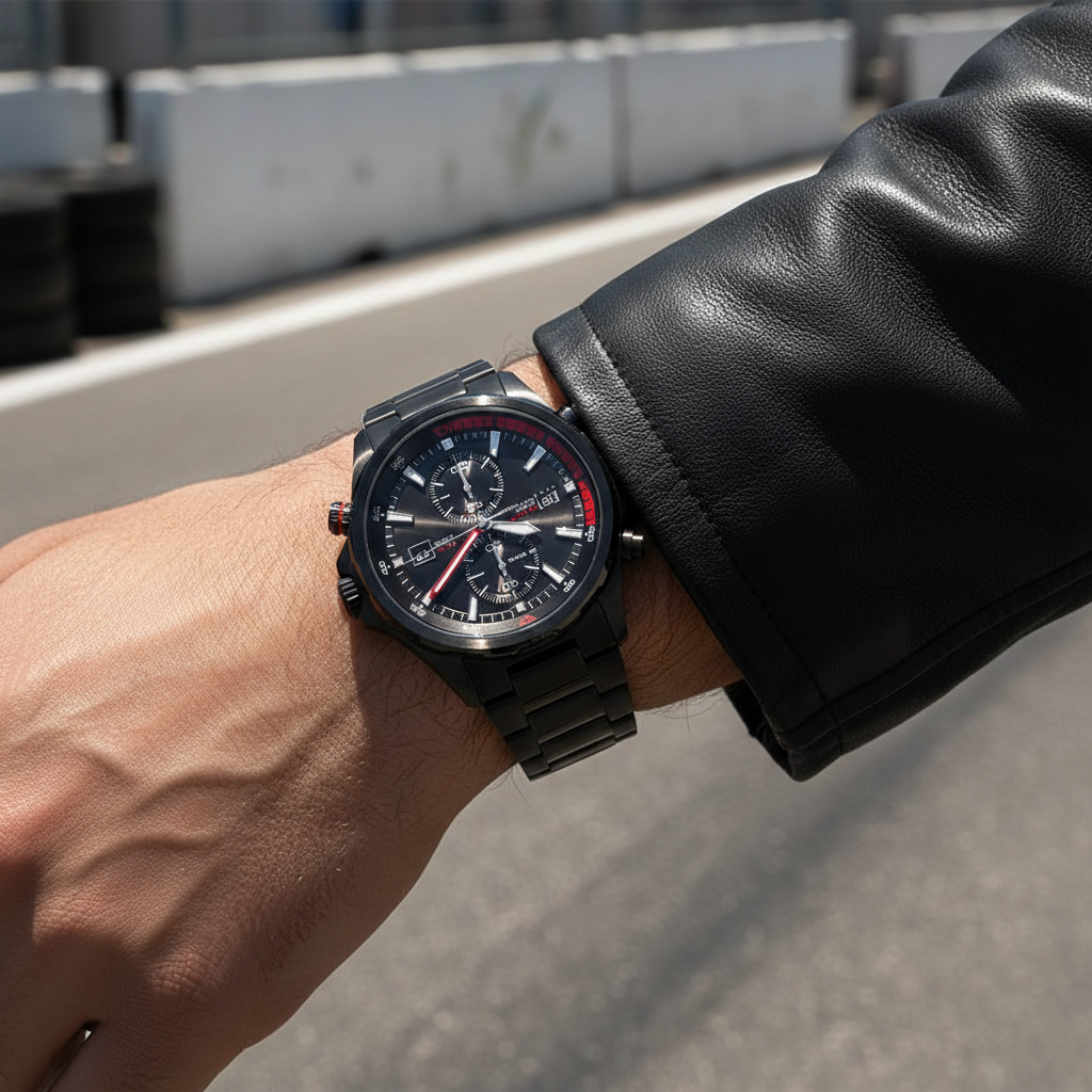 Male model wearing Hugo Boss Globetrotter 1513825 black metal watch with a bold sporty outfit