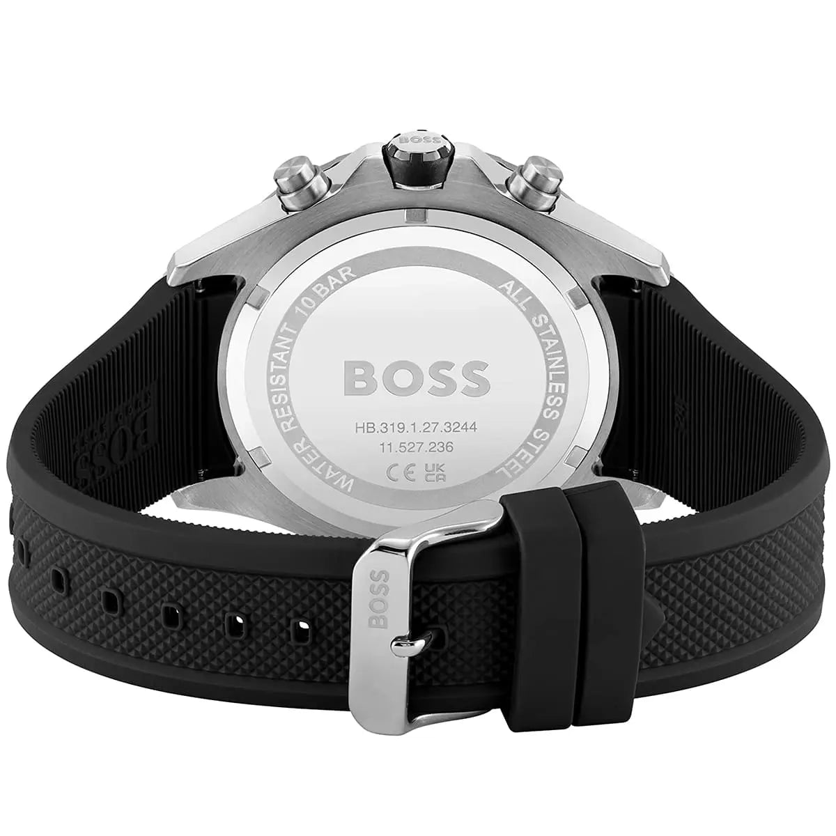 Stainless steel buckle clasp with engraved Boss logo on the black rubber strap of the 1513931