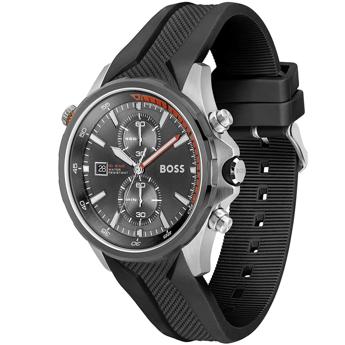 Side profile view of the stainless steel case of the Hugo Boss Globetrotter