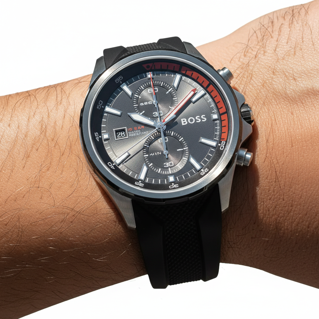 Close up shot of Hugo Boss Globetrotter 1513931 watch on wrist showing the grey dial and orange hands