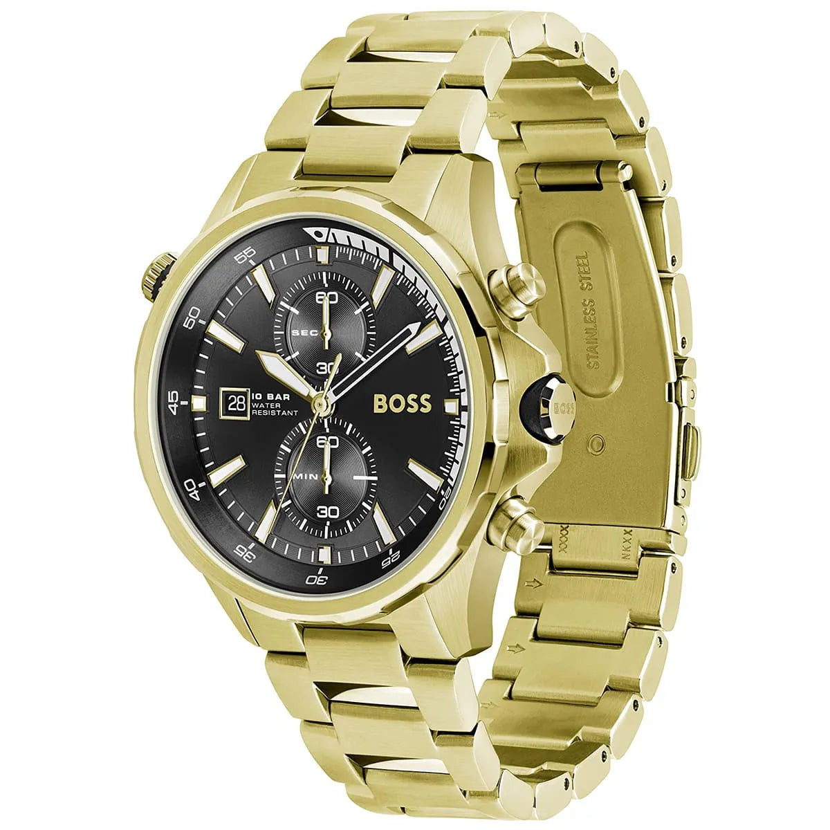 Detailed side view of the gold crown and logo detail on the Hugo Boss 1513932