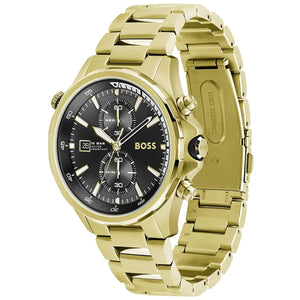 Detailed side view of the gold crown and logo detail on the Hugo Boss 1513932