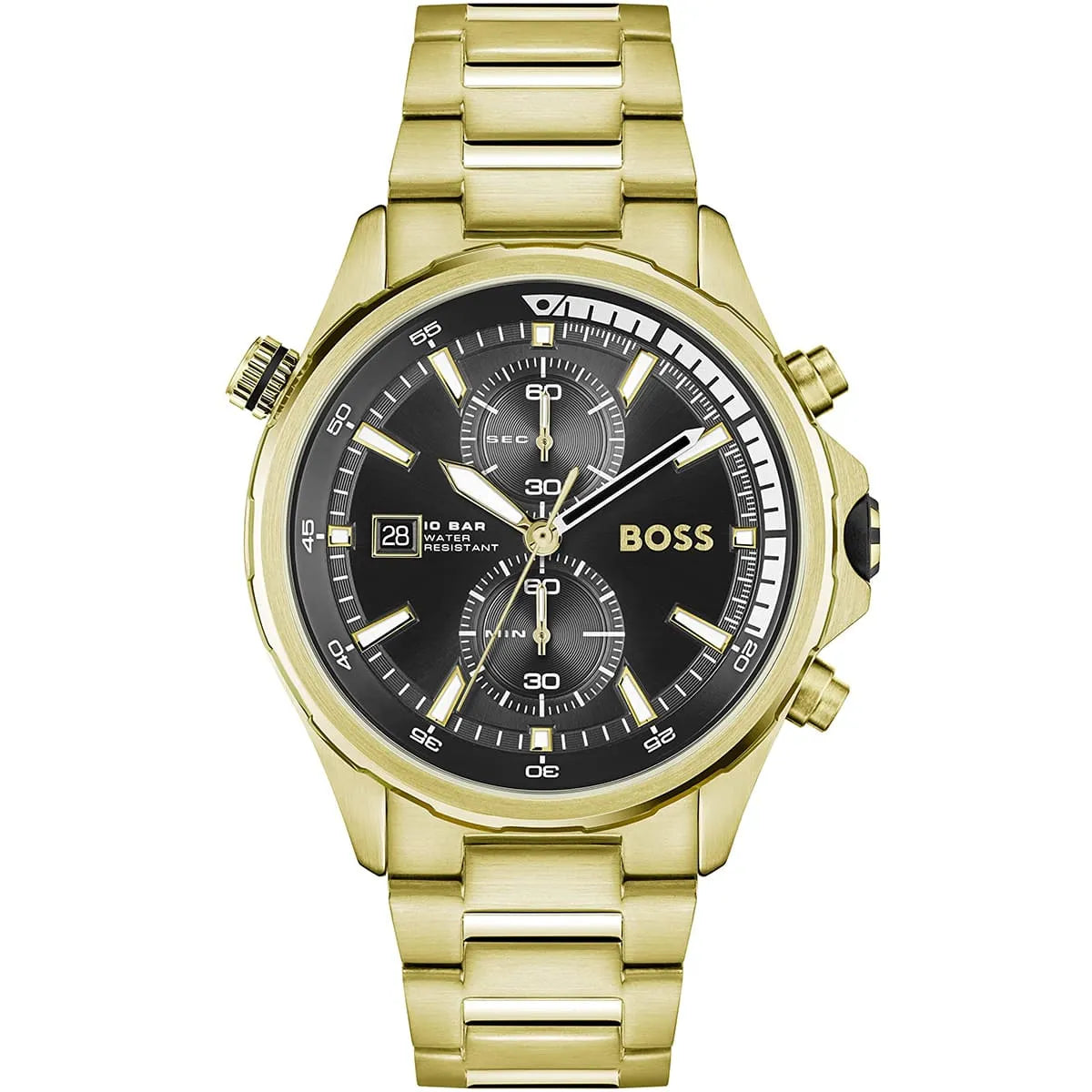 Hugo Boss Globetrotter 1513932 men's chronograph watch with gold-tone stainless steel strap and black dial