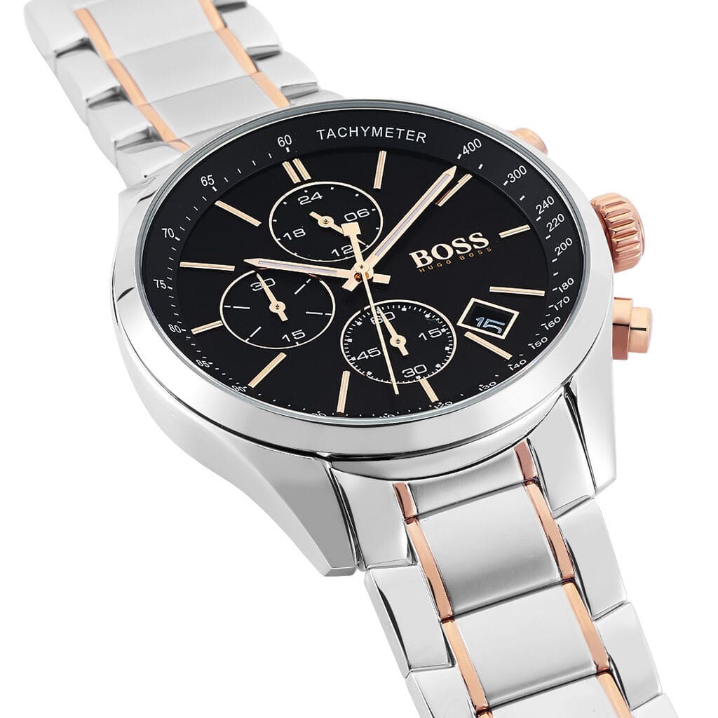 Detailed side view of the rose gold crown and chronograph buttons on the Hugo Boss 1513473