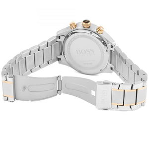 Two-tone deployment clasp with engraved Boss logo on the bracelet of the 1513473