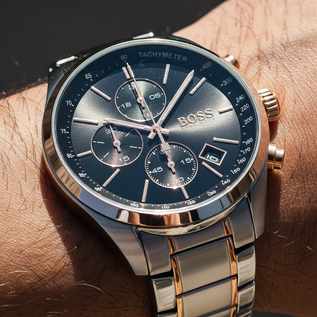 Close up shot of Hugo Boss Grand Prix 1513473 watch on wrist showing the black dial and rose gold hands