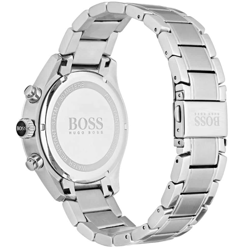 Back view of the Hugo Boss 1513477 watch showing the stainless steel caseback details