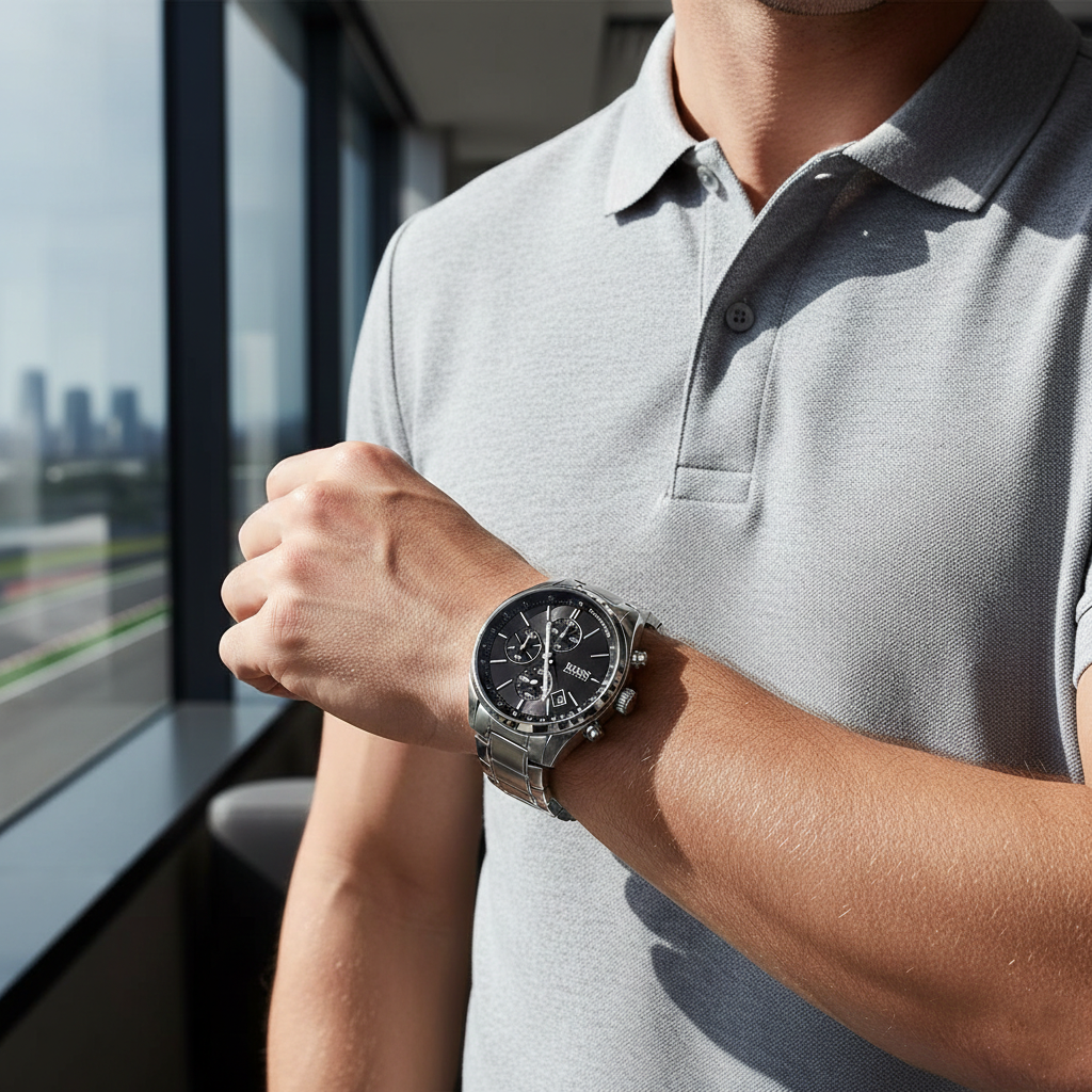Male model wearing Hugo Boss Grand Prix 1513477 silver watch with a casual jacket