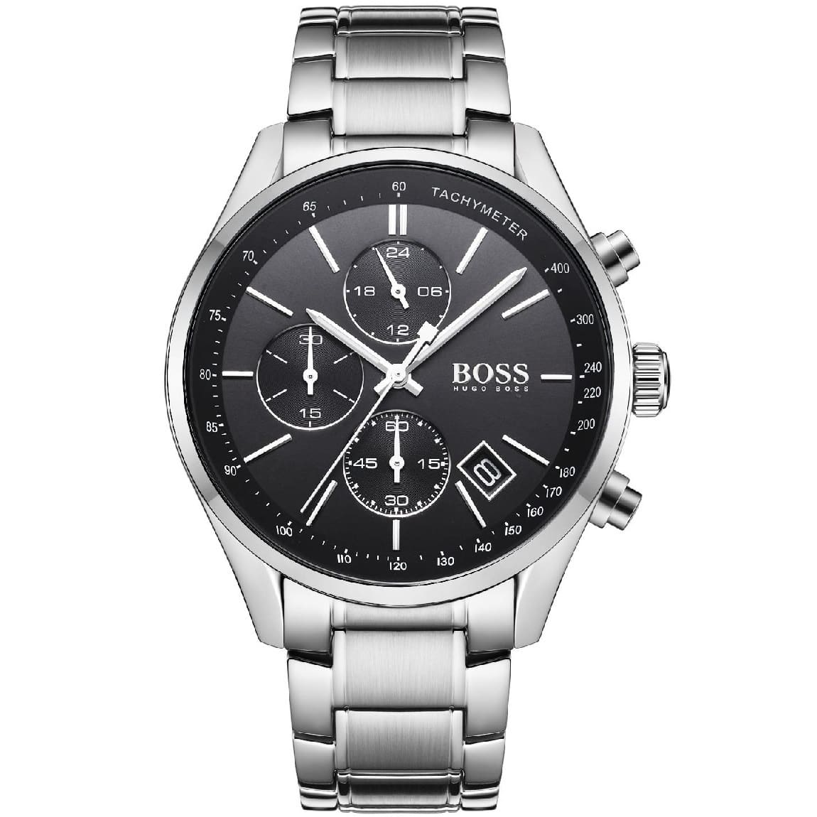 Hugo Boss Grand Prix 1513477 men's chronograph watch with silver stainless steel strap and black dial
