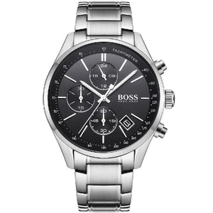 Hugo Boss Grand Prix 1513477 men's chronograph watch with silver stainless steel strap and black dial