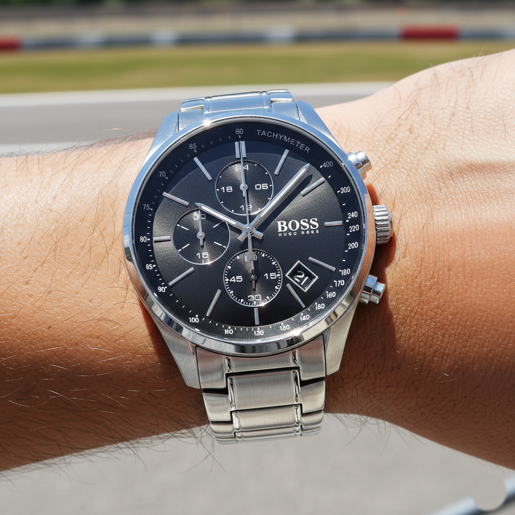 Close up shot of Hugo Boss Grand Prix 1513477 watch on wrist showing the tachymeter and racing dial