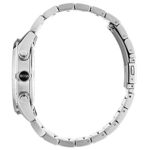 Detailed side view of the silver crown and chronograph buttons on the Hugo Boss 1513478