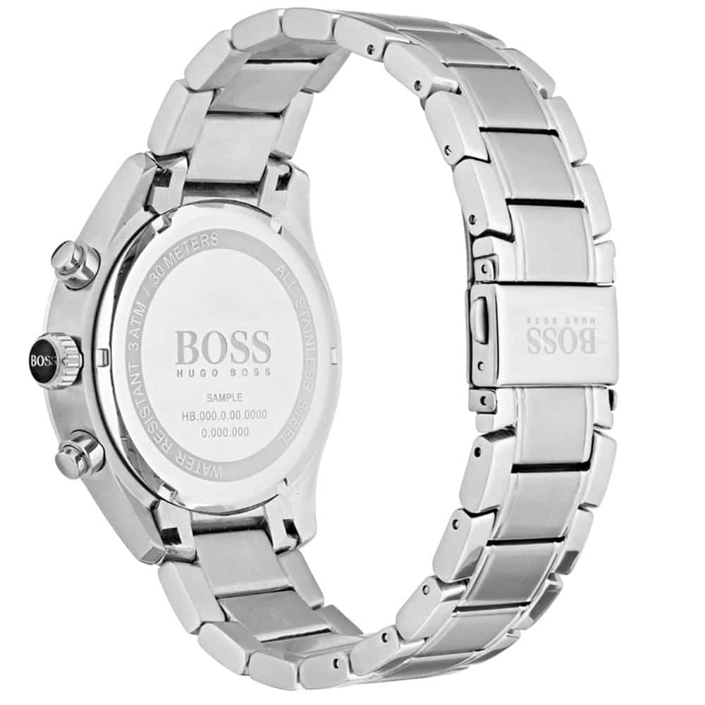 Silver stainless steel deployment clasp with engraved Boss logo on the bracelet of the 1513478