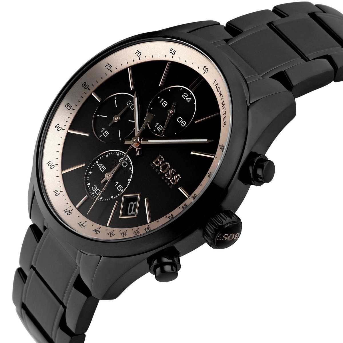 Angled view of the Hugo Boss 1513578 highlighting the black tachymeter bezel and gold pushers