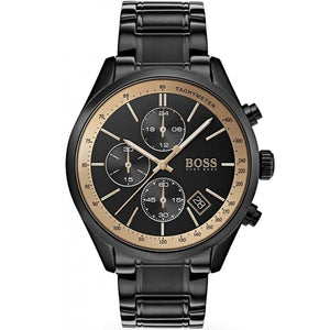 Hugo Boss Grand Prix 1513578 men's chronograph watch with black ion-plated strap and gold accents