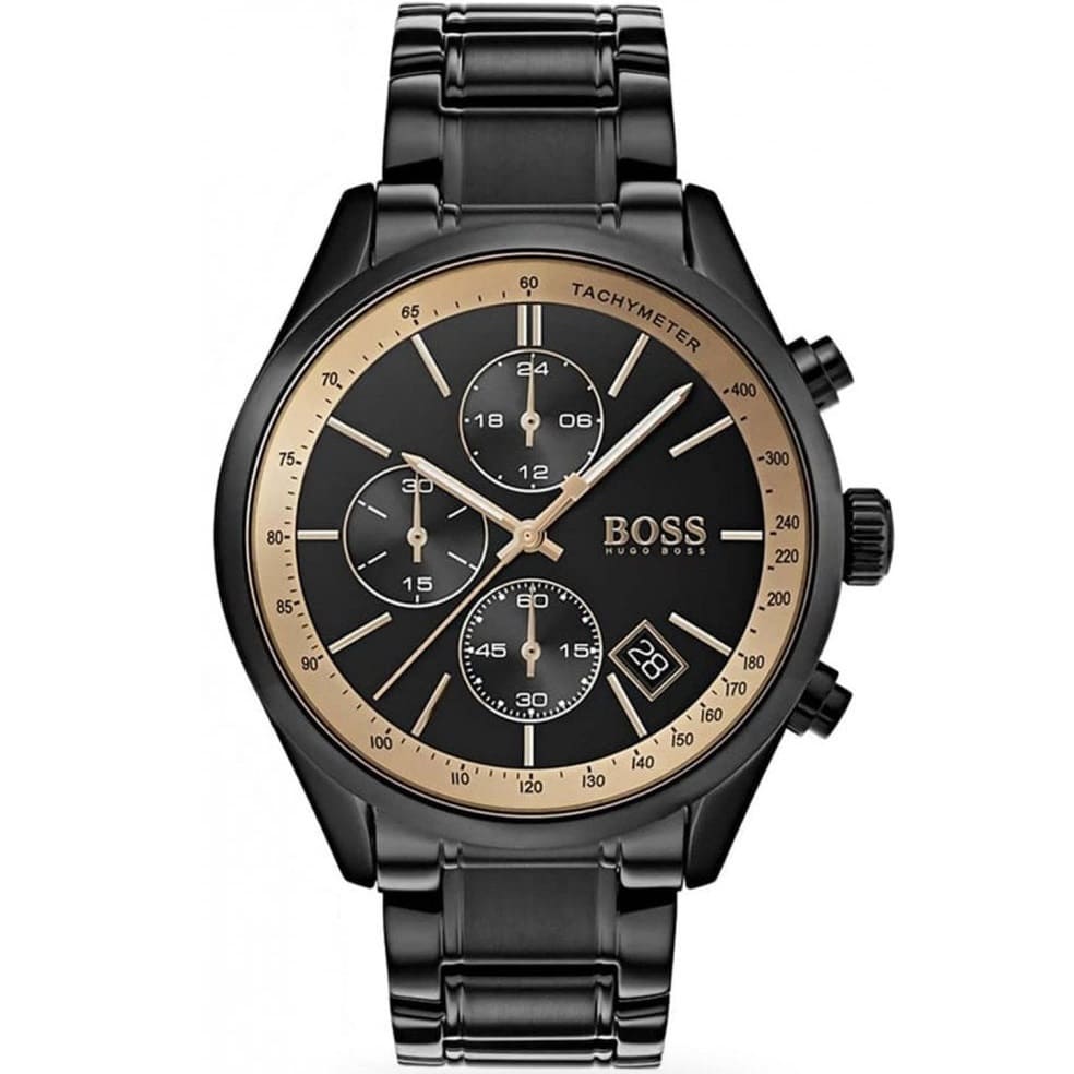 Hugo Boss Grand Prix 1513578 men's chronograph watch with black ion-plated strap and gold accents