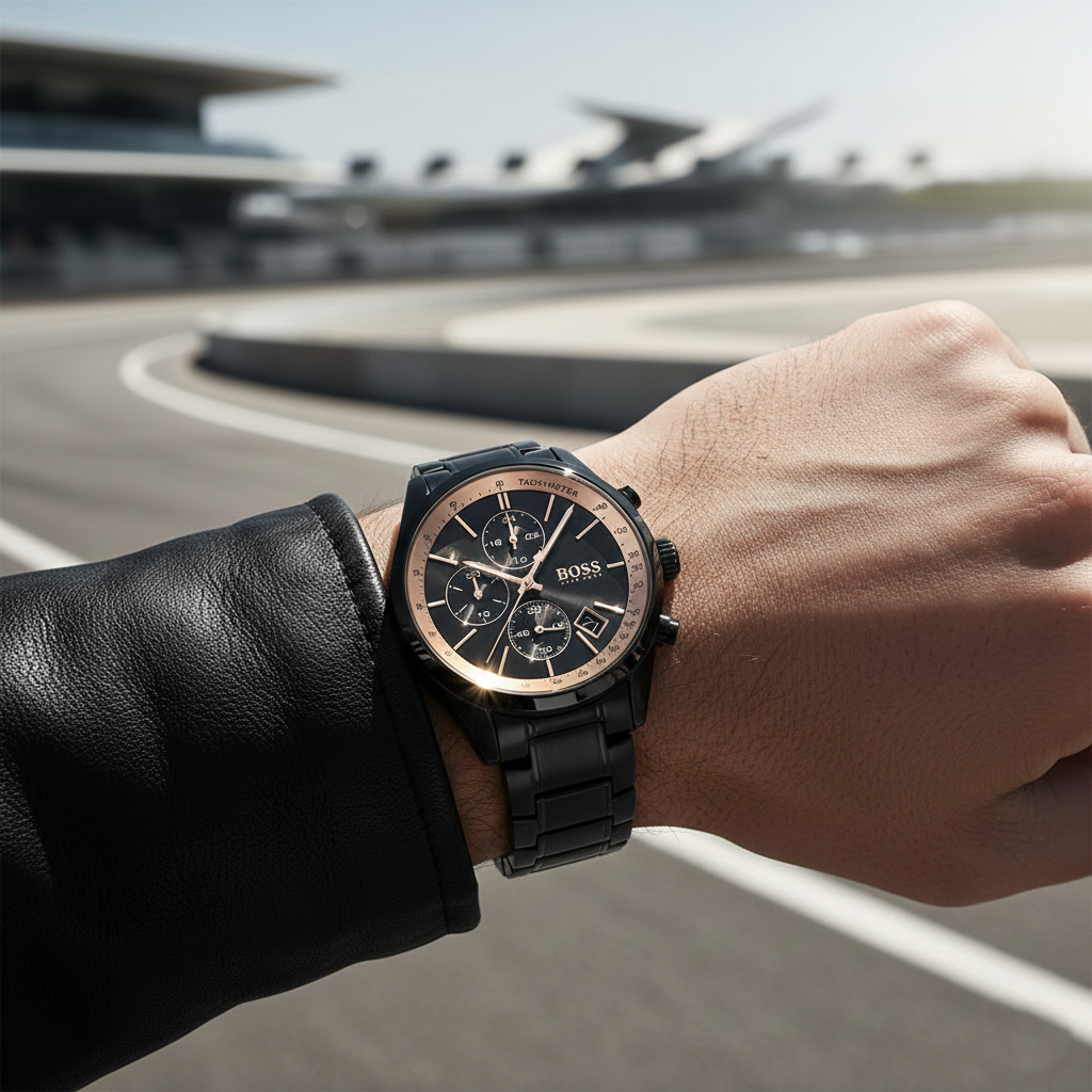 Male model wearing Hugo Boss Grand Prix 1513578 black and gold watch with a formal outfit