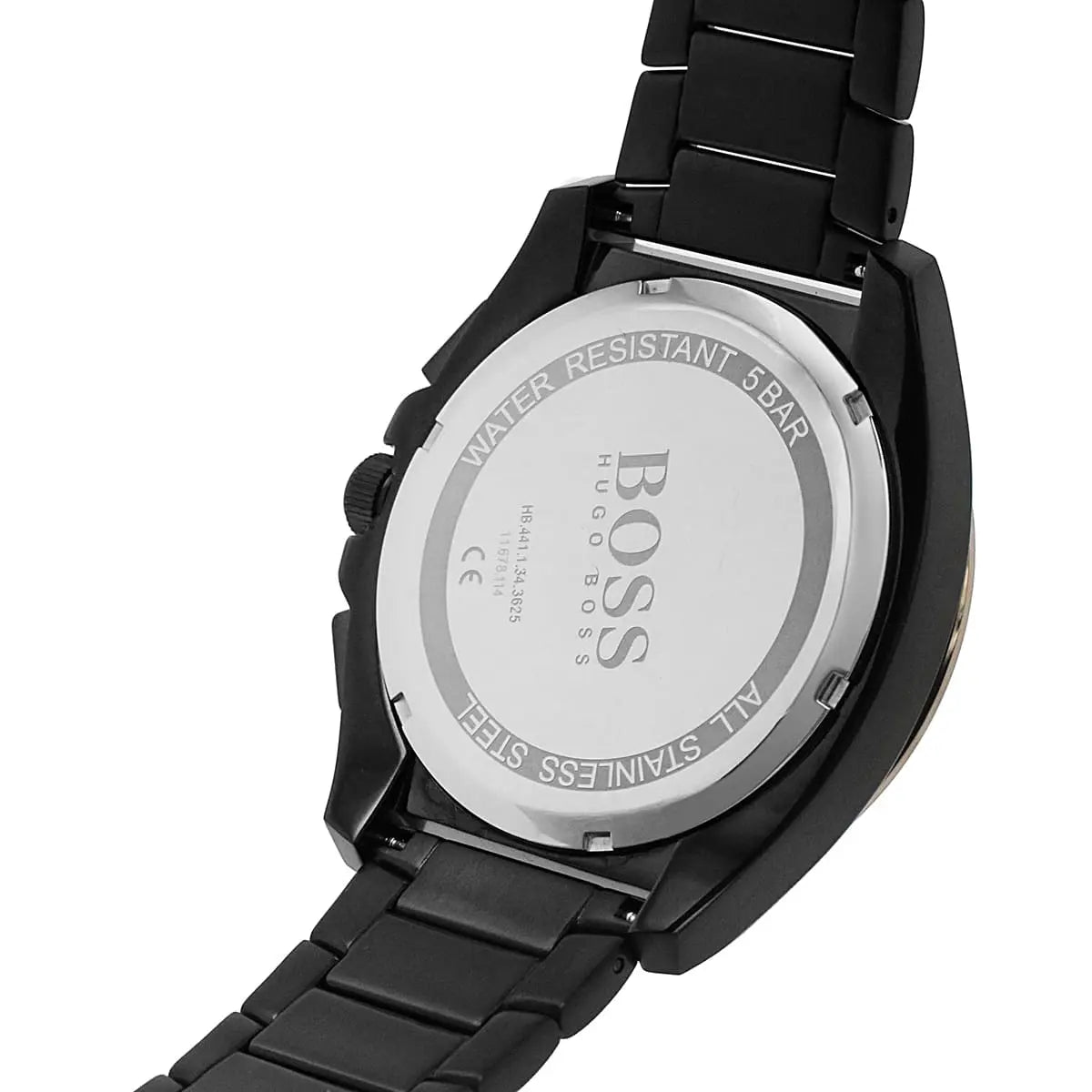 Back view of the Hugo Boss 1513885 watch showing the stainless steel caseback details