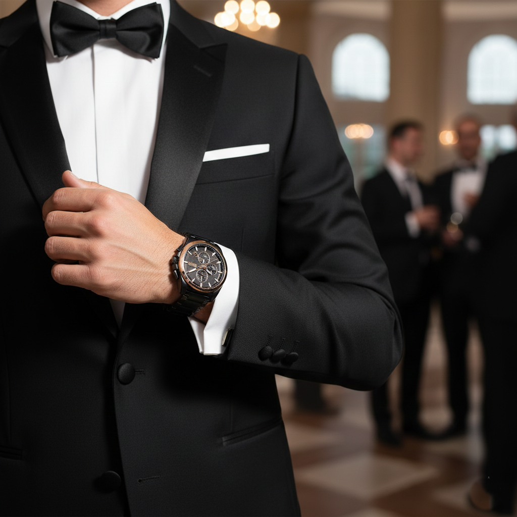 Male model wearing Hugo Boss Grandmaster 1513885 gunmetal watch with a formal suit