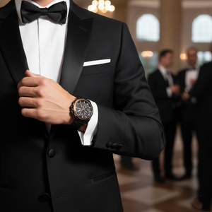 Male model wearing Hugo Boss Grandmaster 1513885 gunmetal watch with a formal suit